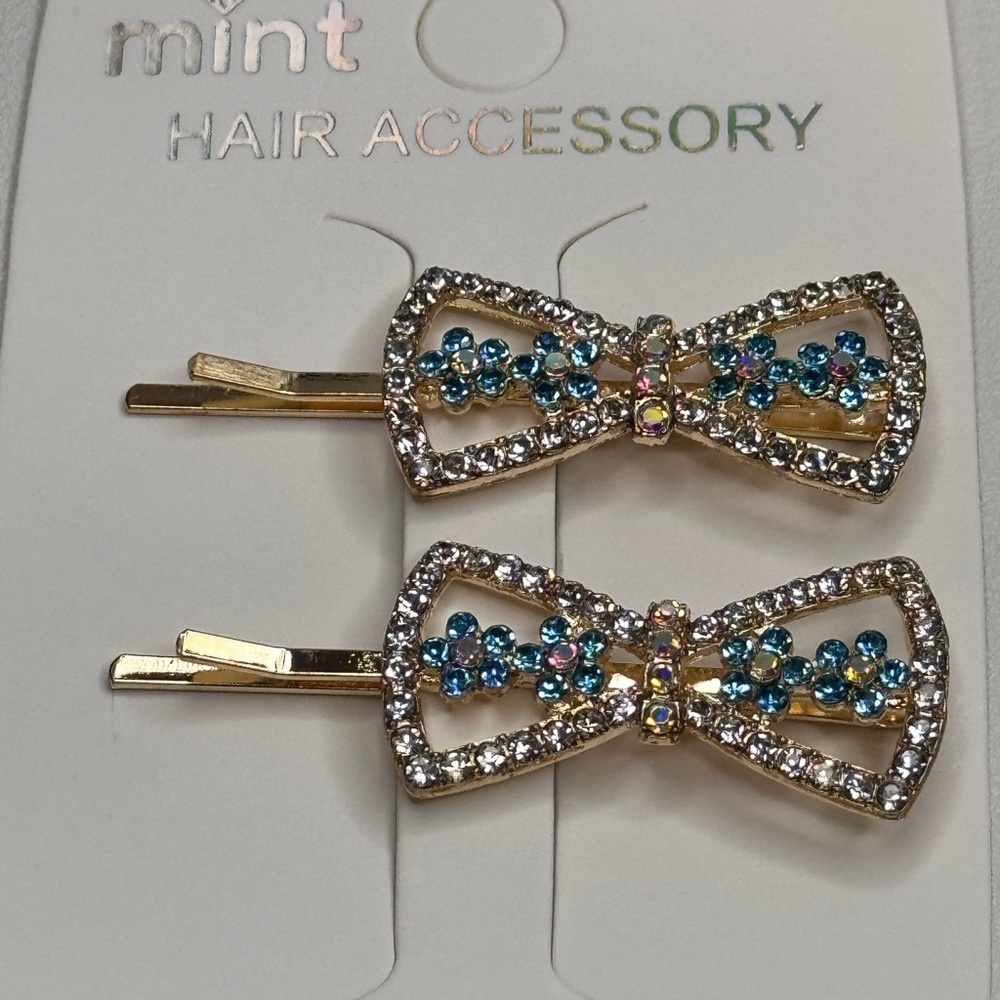 Mint Gold and Blue Bow Shape Hair Clips Sparkling Accessories